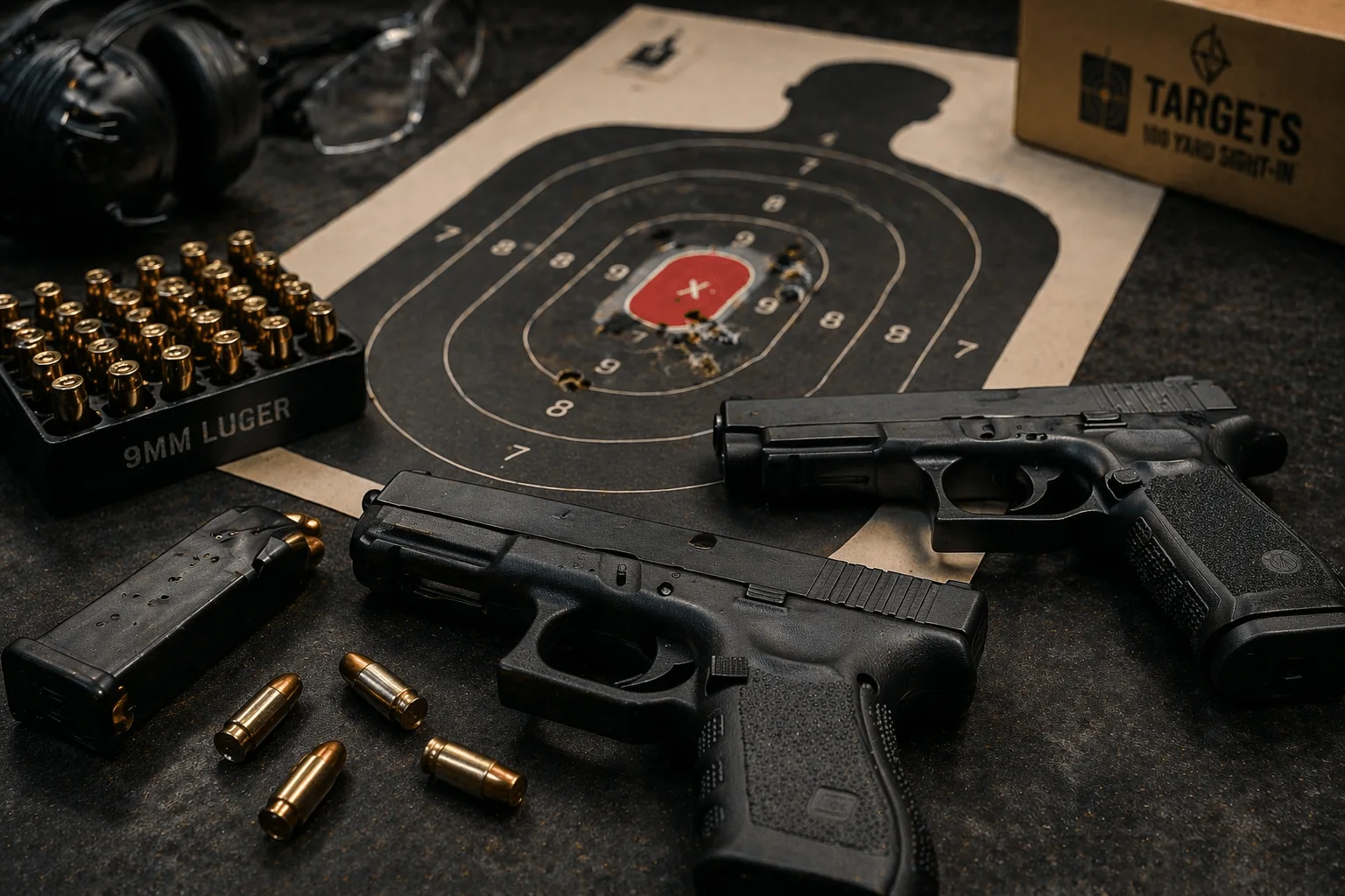 Training pistols and targets set up for a class